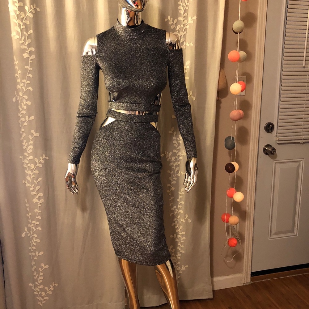 Metallic Shimmer Cutout Top and Matching Skirt